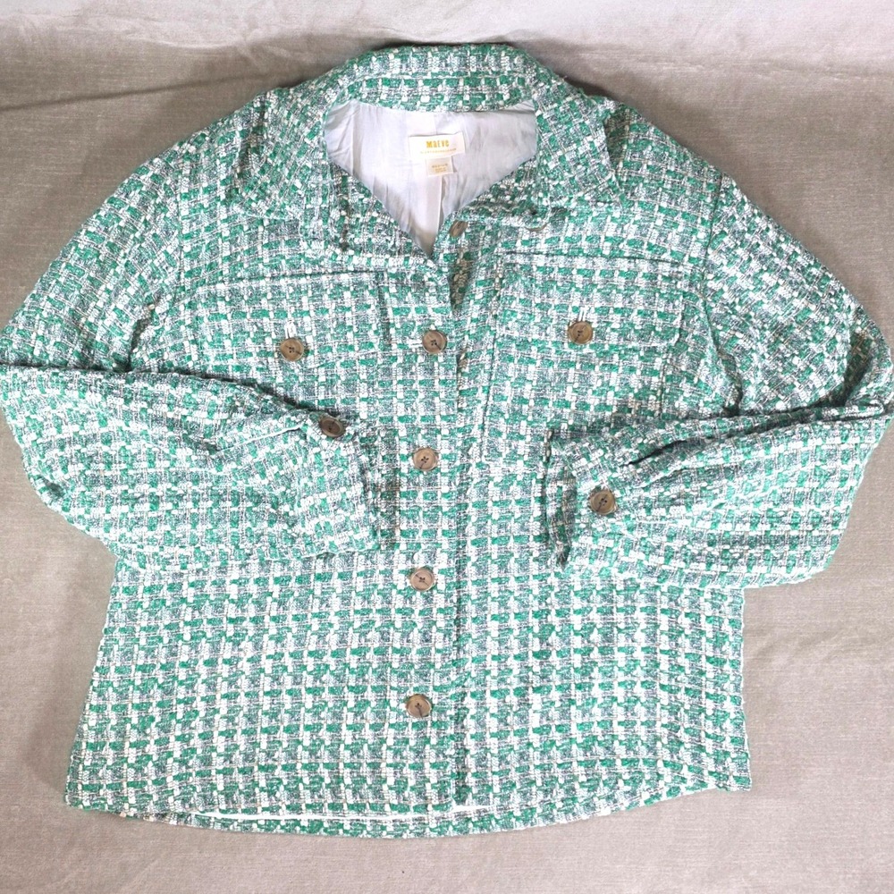 Maeve by Anthropologie Green Textured Tweed Button Front Jacket Women Medium